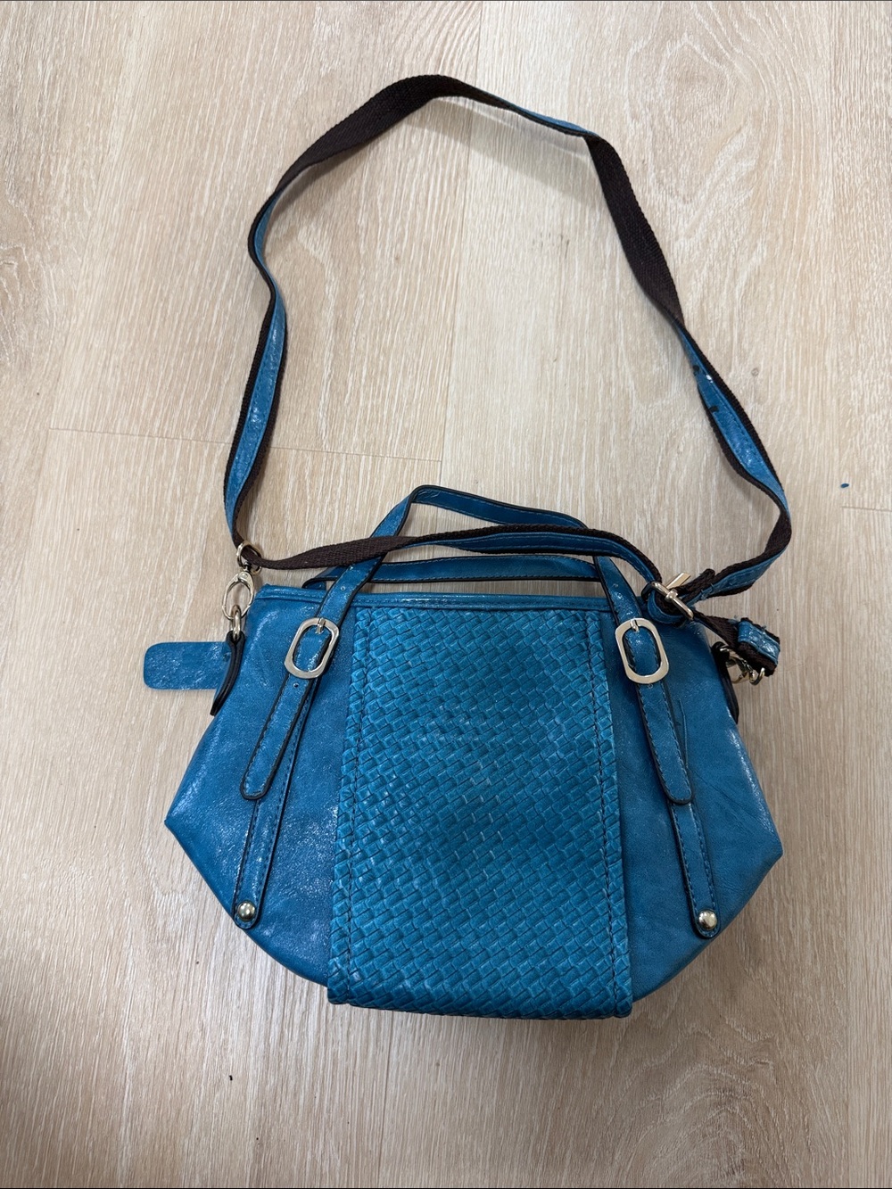 Woven Teal Crossbody Bag with Adjustable Strap